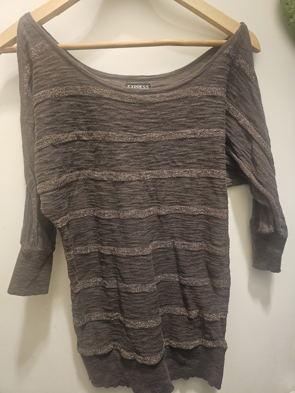 Express Brown Gold Metallic Shimmer Cold Shoulder Knit Top Excess Whimsygoth Y2k